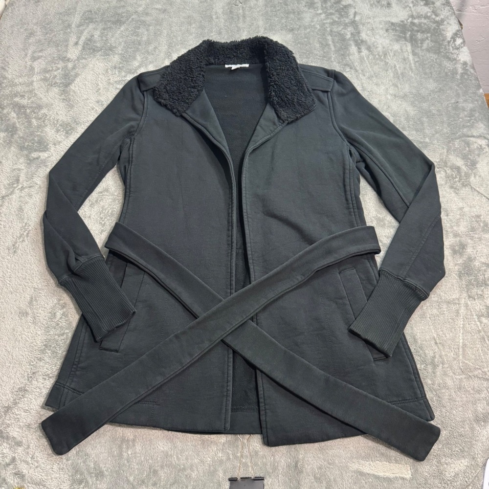 Standard James Perse Women Black Fleece Wrap Jacket Sherpa Collar Belted Size 2